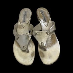 Manolo Blahnik Silvery Gold T-Strap Sandals